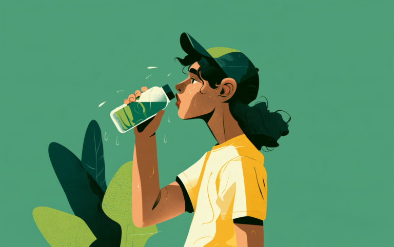 sweating person in a cap drinking water, showing signs and symptoms of dehydration